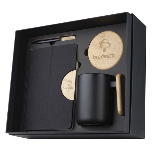 Kit Entalhe com Caderno RPET, Caneca e Porta-copos em Bambu