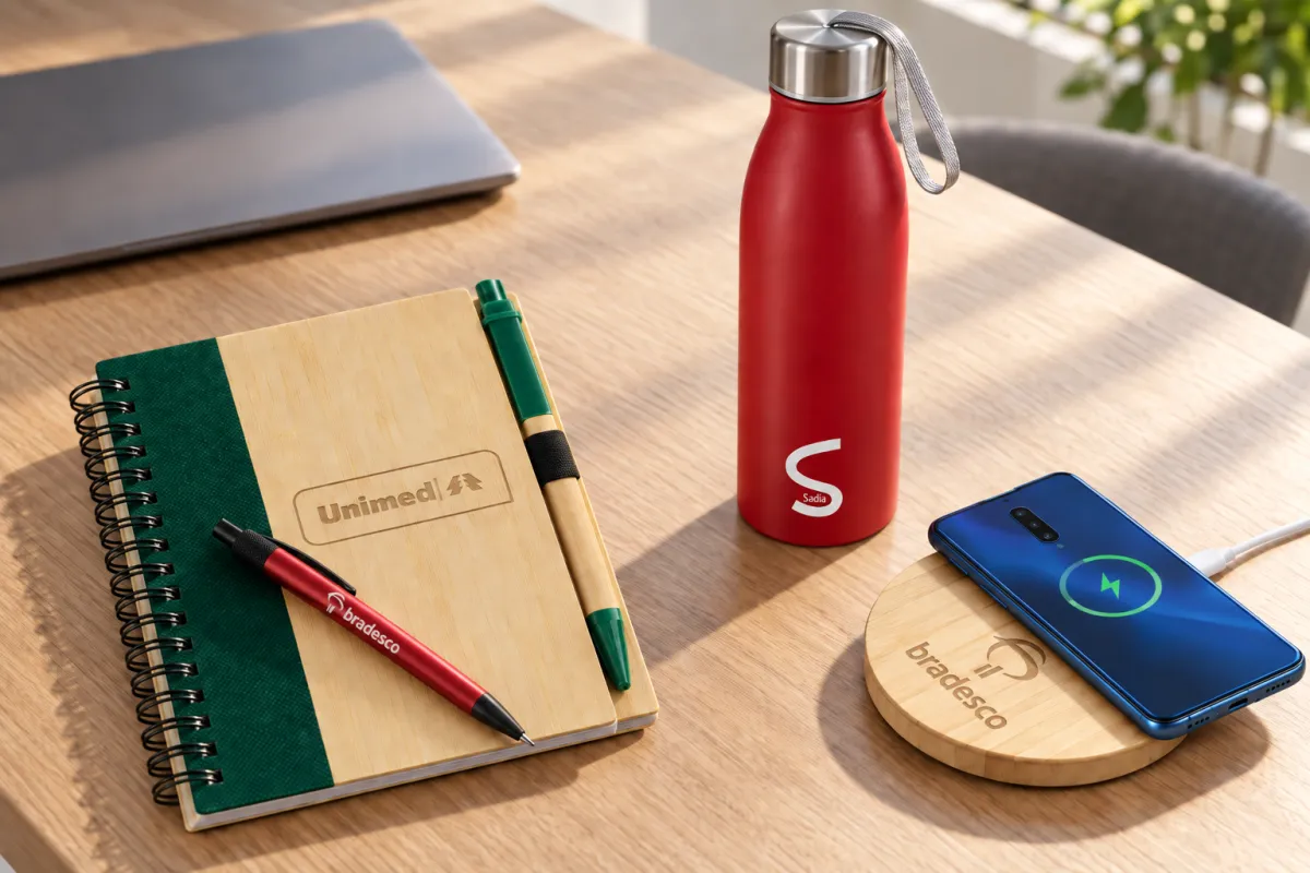 Mesa de escritório pela manhã com caderno de bambu, caneta de metal e garrafa vermelhas, e um celular sobre carregador por indução de bambu